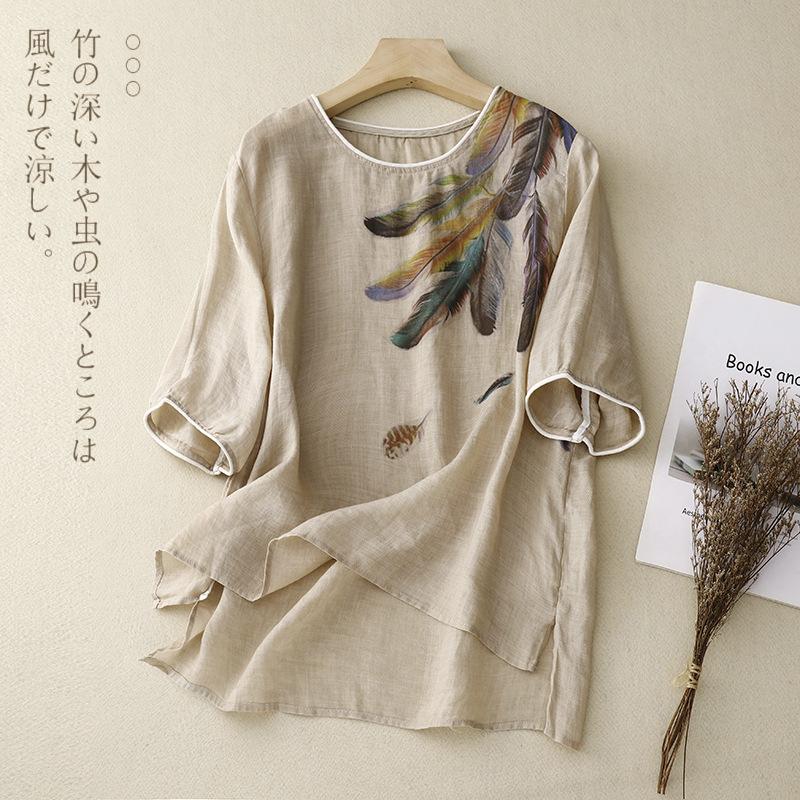 

Реальное фото лето новый хлопок и лен литературный свободный круглый вырез с принтом футболка с коротким рукавом женская 2XL льняной