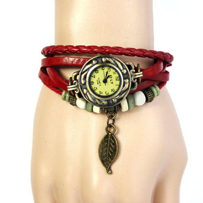 Womens Bracelet Weave Wrap Quartz Leather Leaf Beads Wrist Watches