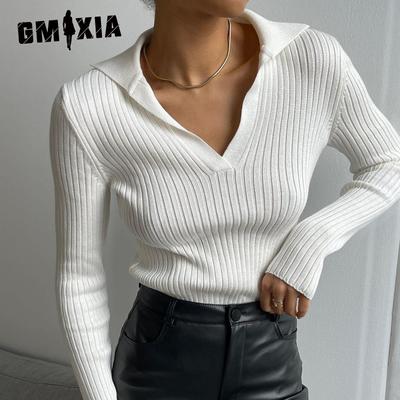 Damen POLO-Kragen Strickpullover Herbst und Winter Temperament Pendeln Schlank Rippstrick Unterzieh-Pullover