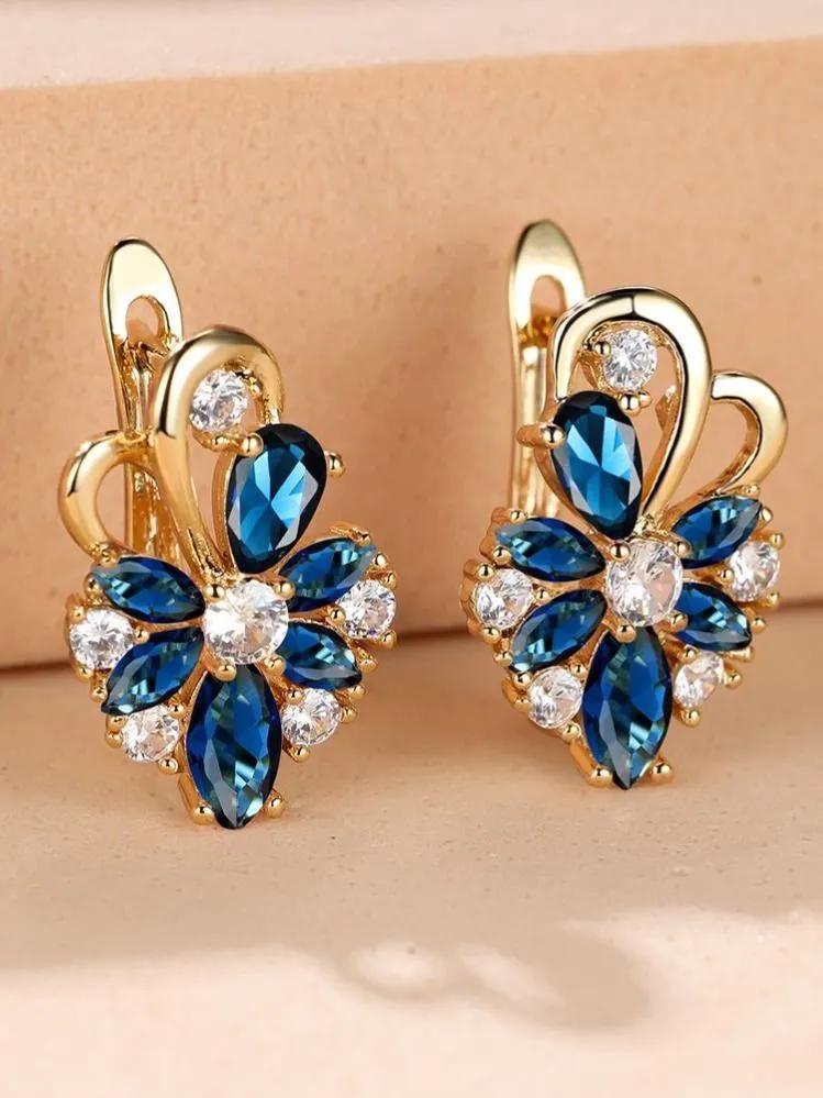 Deep Blue Crystal Zircon Flower Design Champagne Gold Plated Earrings One Size