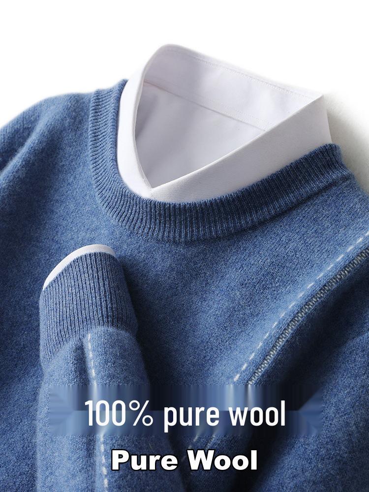 Men's Loose Round Neck 100% Wool Autumn & Winter Thick Knit Pullover Sweater
