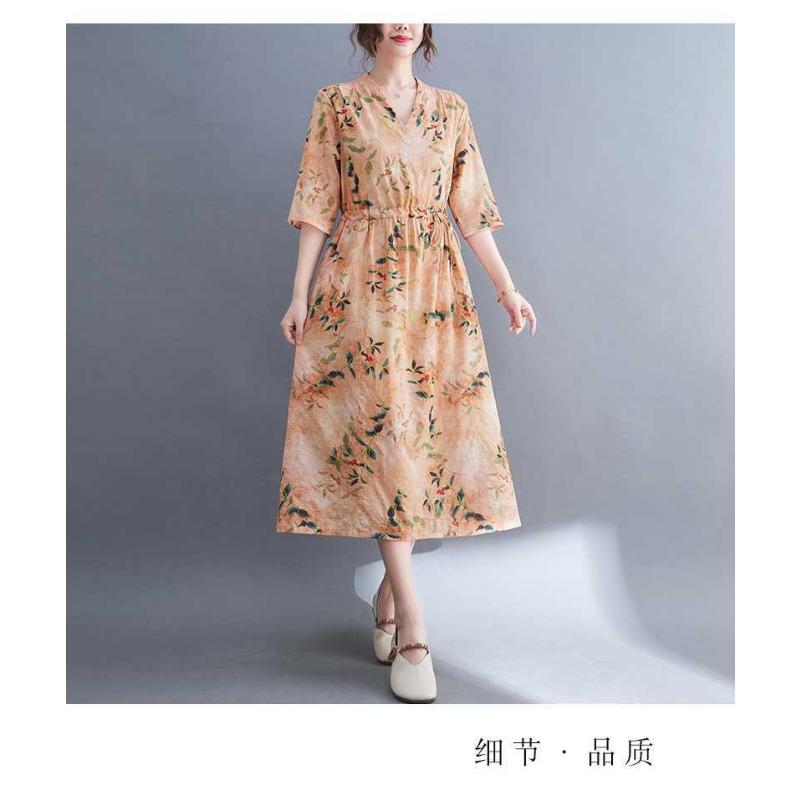 Plus Size V-ringad Långklänning Etniskt Tryckta Delade Ärmar Lös Midja Knytdetalj Klänningar