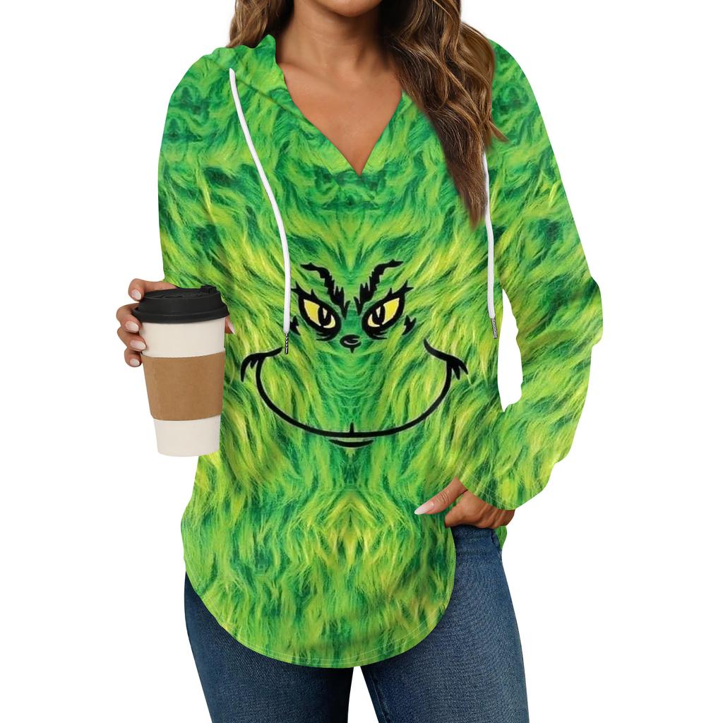 Women's Fashion Hoodies V Neck Long Sleeve Christmas Printed Drawstring Casual Loose Pullover Tops