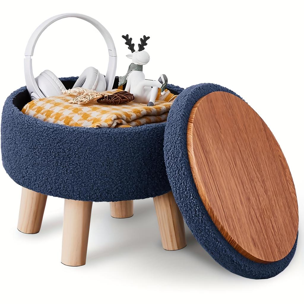 Velvet Round Ottoman with Wood Legs - Multifunctional Footrest, Stool & Table for Living Room. Space-Saving!