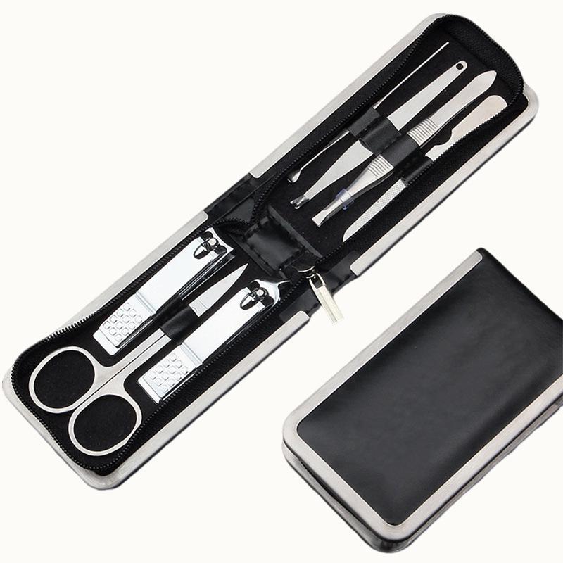 7-Piece Premium Black Leather Manicure Set, Stainless/Carbon Steel, Sharp Clippers