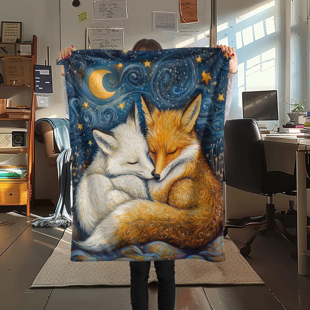 Fox and Moon pattern Flannel Blanket, High quality Comfortable for All Seasons, Home Decor, Warmth and Comfort, Perfect for Gifts.