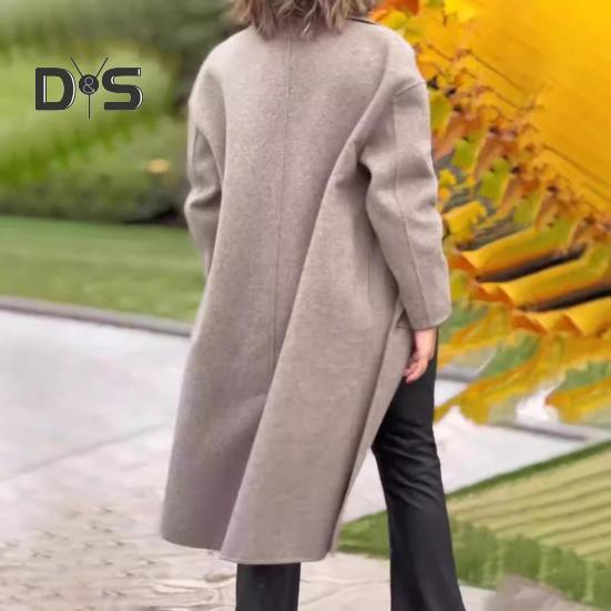 Women's Woolen Coat Autumn Winter Double-breasted Lapel Overcoat Loose-fit Solid Color Warm Long Coat for Office Daily Wear