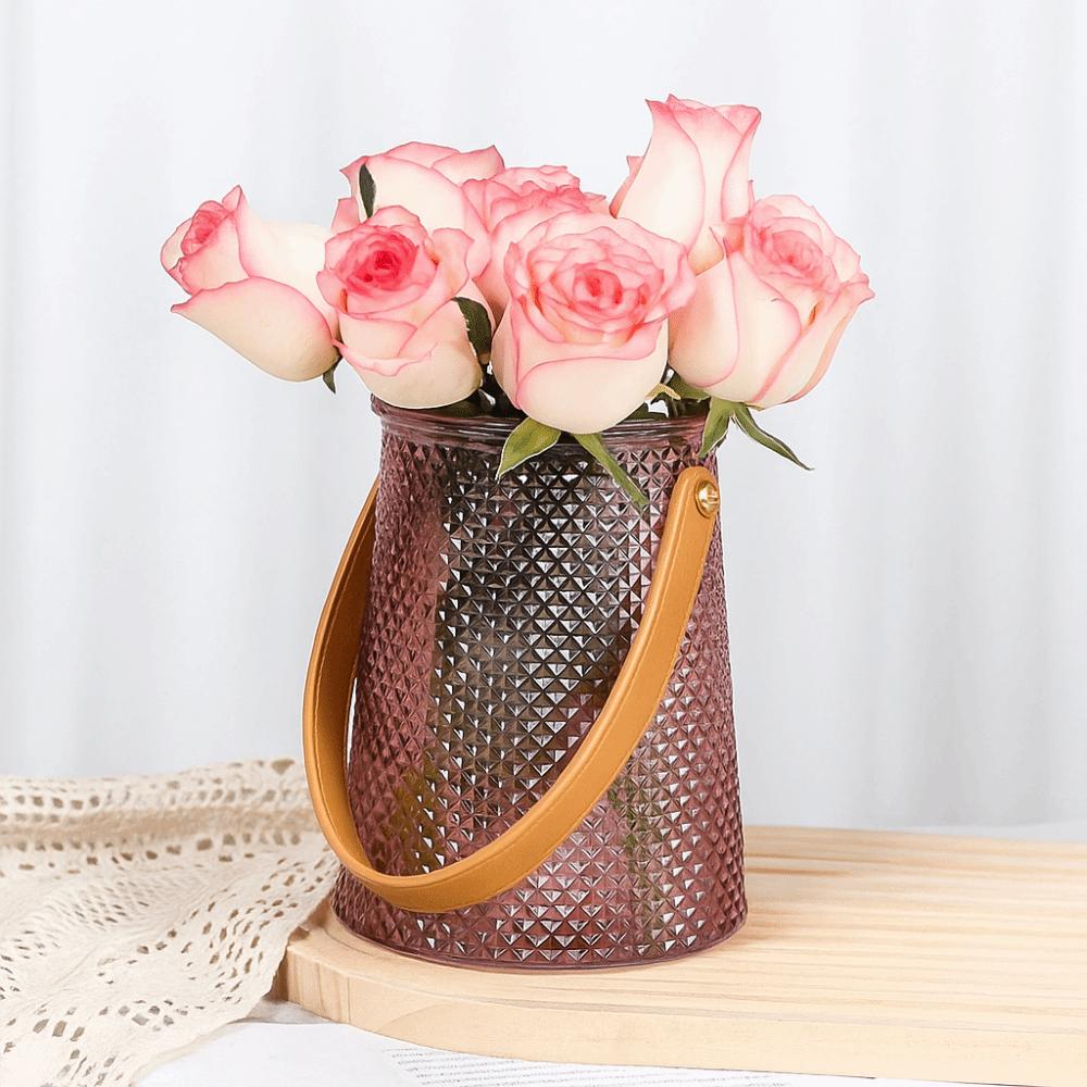 

Stable Glass Hydroponic Vase Decorative with Handle Handheld Vase Smooth Bottle Mouth Flower Ornament Bottle Office