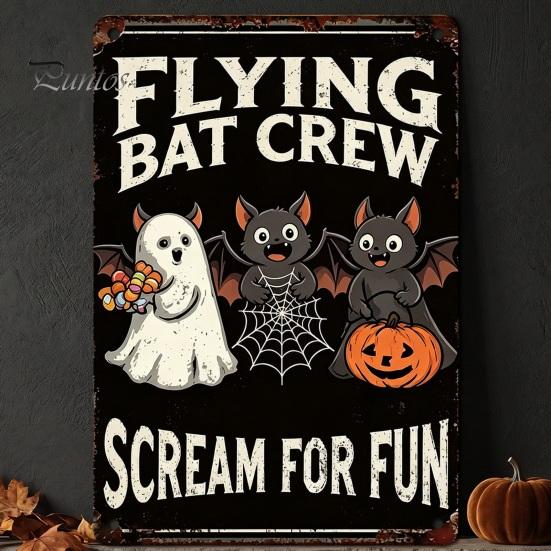 Distressed Metal Signage Retro Halloween Wall Sign, Pumpkin Ghost Bathroom American Style Decor Art Witch Cat Festival Sign for Bar Home Room