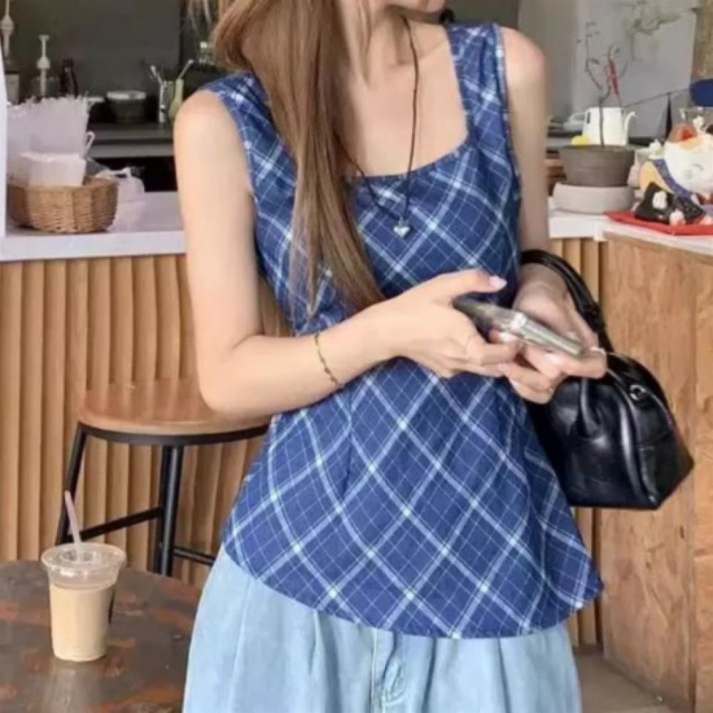New ArrivalS Open Run Women S Check Pattern aSymmetrical SleeveleSS blouSe Back