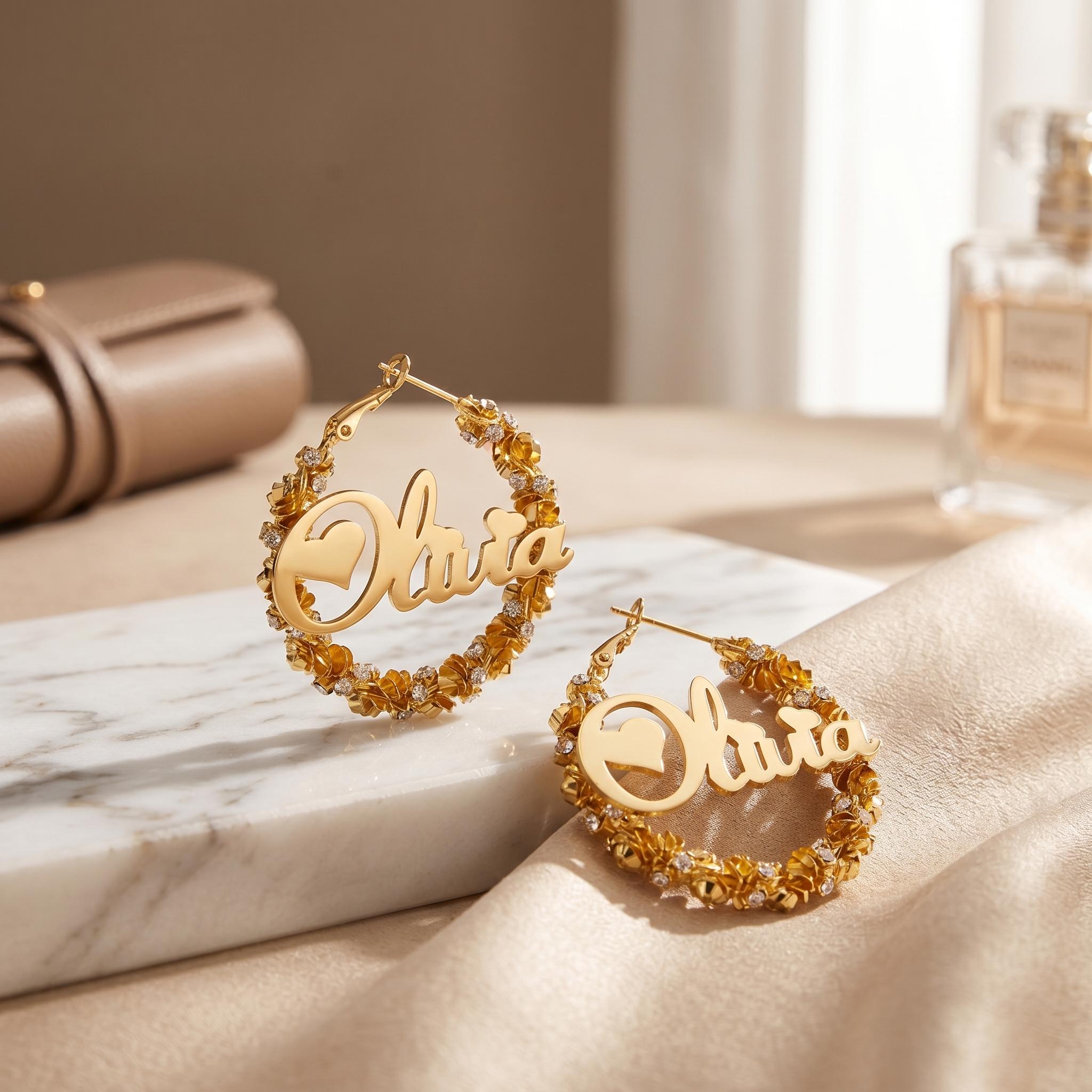 Custom Name Hoop Earrings Personalized Floral Zirconia Earrings 18K Gold Plated Bamboo Style Initial Earrings 40mm золотой