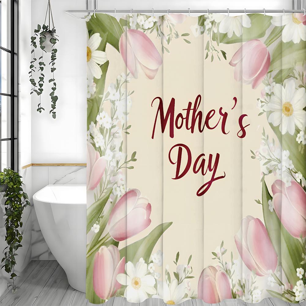 Happy Mother's Day Pink Tulip White Flower Shower Curtain, Bathroom Decorative Shower Curtain, Waterproof Shower Curtain with Ho