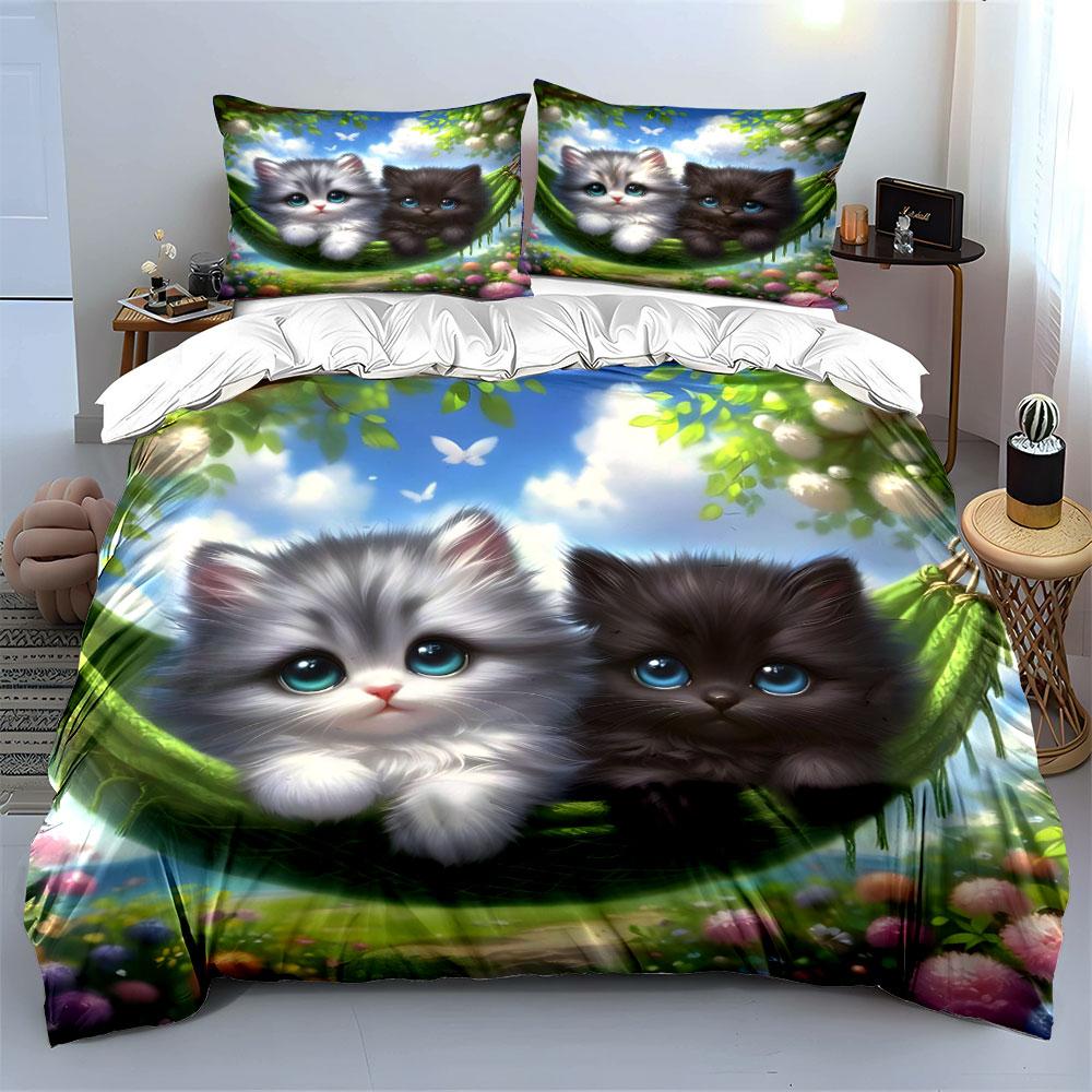 Cute Fluffy Kittens In Hammock Bedding Duvet Cover Set  (1*Duvet Cover 2*Pillowcases, Without Duvet Insert)