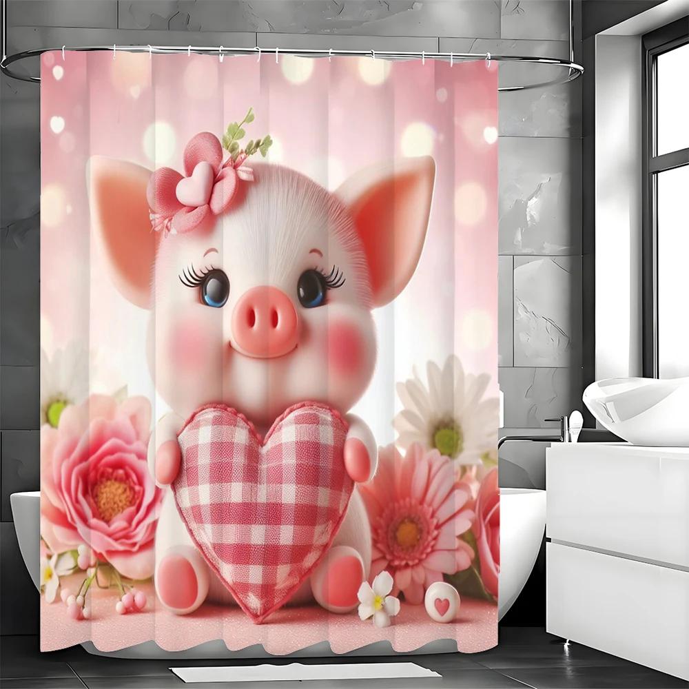 Rosa Söt Liten Gris Kärlekshjärta Blommig Duschdraperi, Dekorativt Duschdraperi för Badrum, Vattentätt Duschdraperi med Krokar