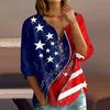 Women's Casual Henley Button Neck Shirt Three Quarter Sleeve Cotton Linen Blend Independence Day Print Top