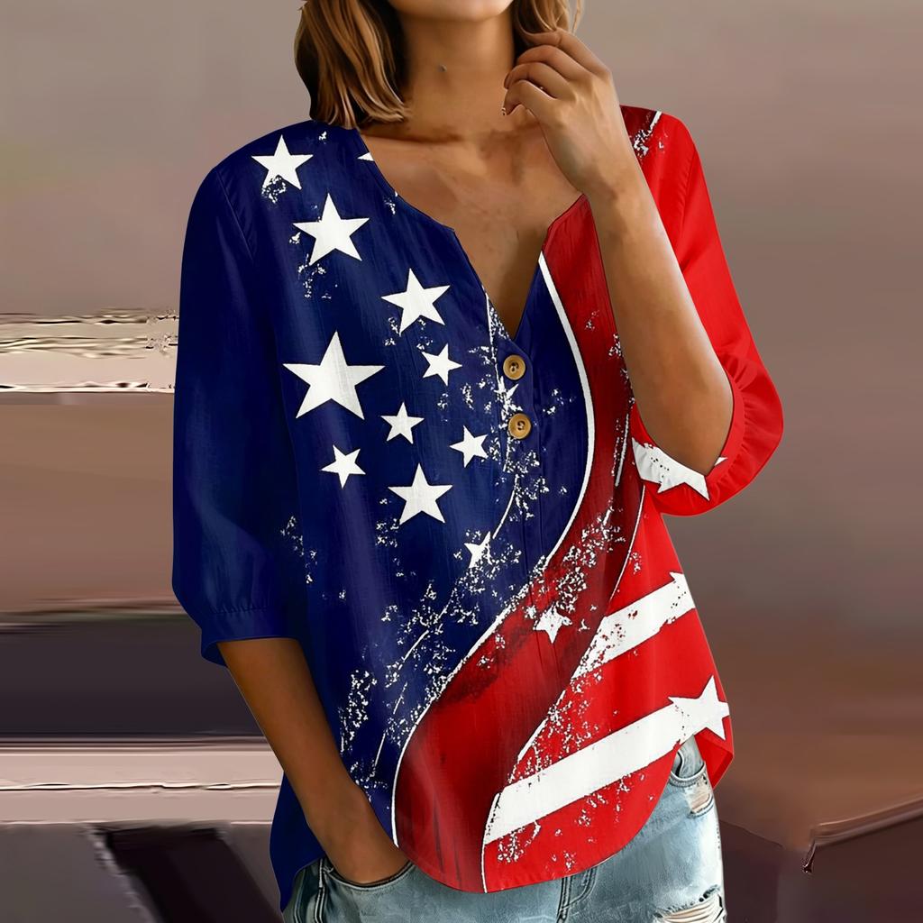 Women's Casual Henley Button Neck Shirt Three Quarter Sleeve Cotton Linen Blend Independence Day Print Top