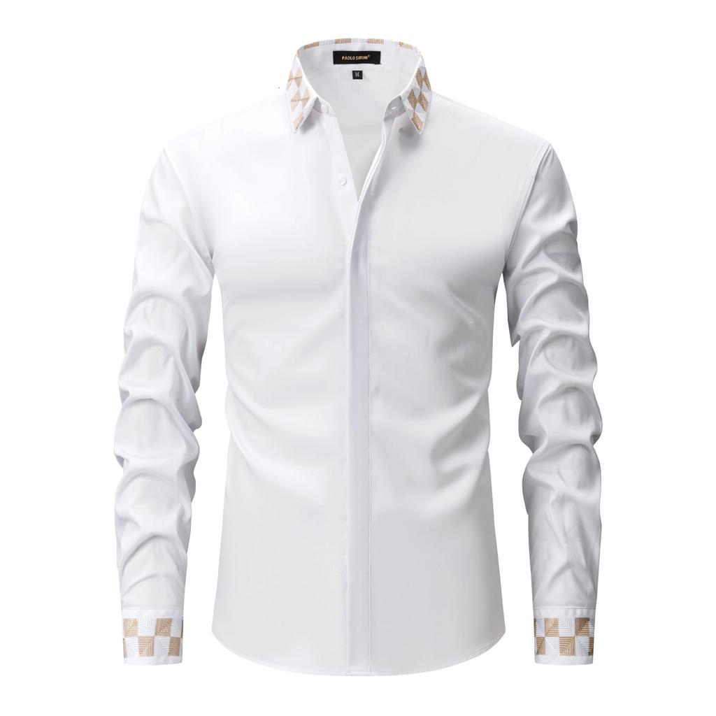 Fashionable Embroidered Long-sleeved Men's Shirts Fashionable Versatile Lapel Long-sleeved Casual Button Splicing Cardigan