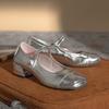 Light mouth shoes spring and summer new silver round head Mary Jane metallic pearl medium heel round head single shoes women