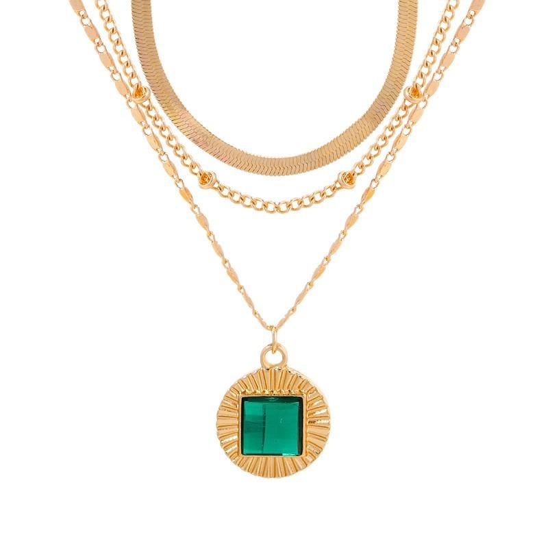 Exaggerated Jewelry K Gold-plated Emerald Multi-layer Necklace Niche Personalized Alloy Pendant Female