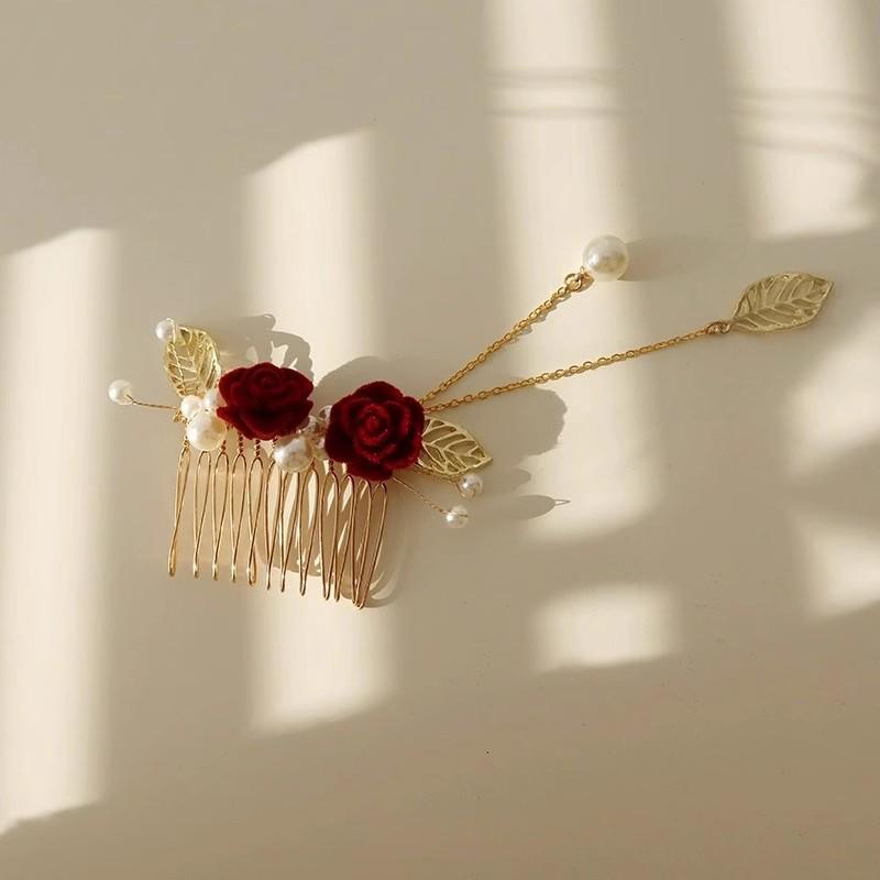 Red Camellia Tassel Hair Clips for Bridal Updo or Evening Gown