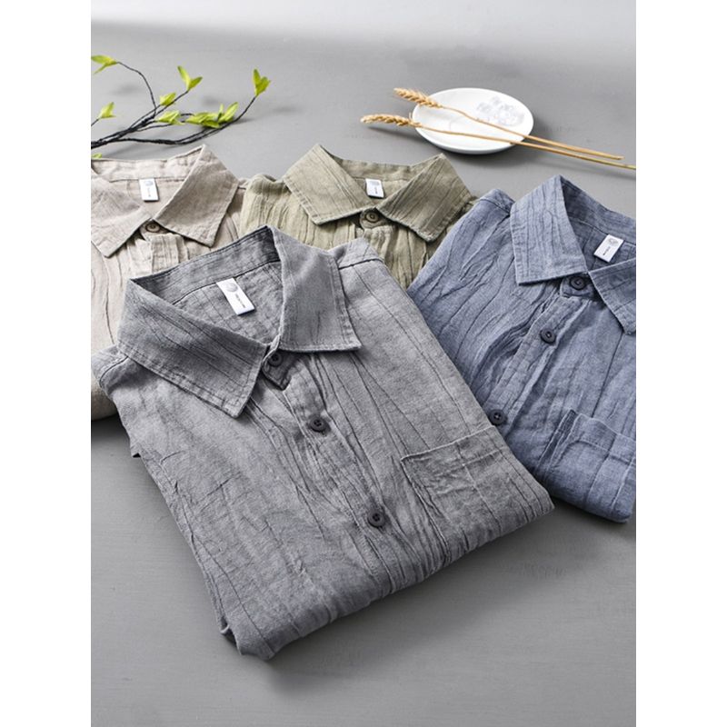 Spring Summer Retro Distressed Pleat Cotton Linen Long Sleeve Shirts Men's Chinese Style Loose Casual Shirt Breathable Linen