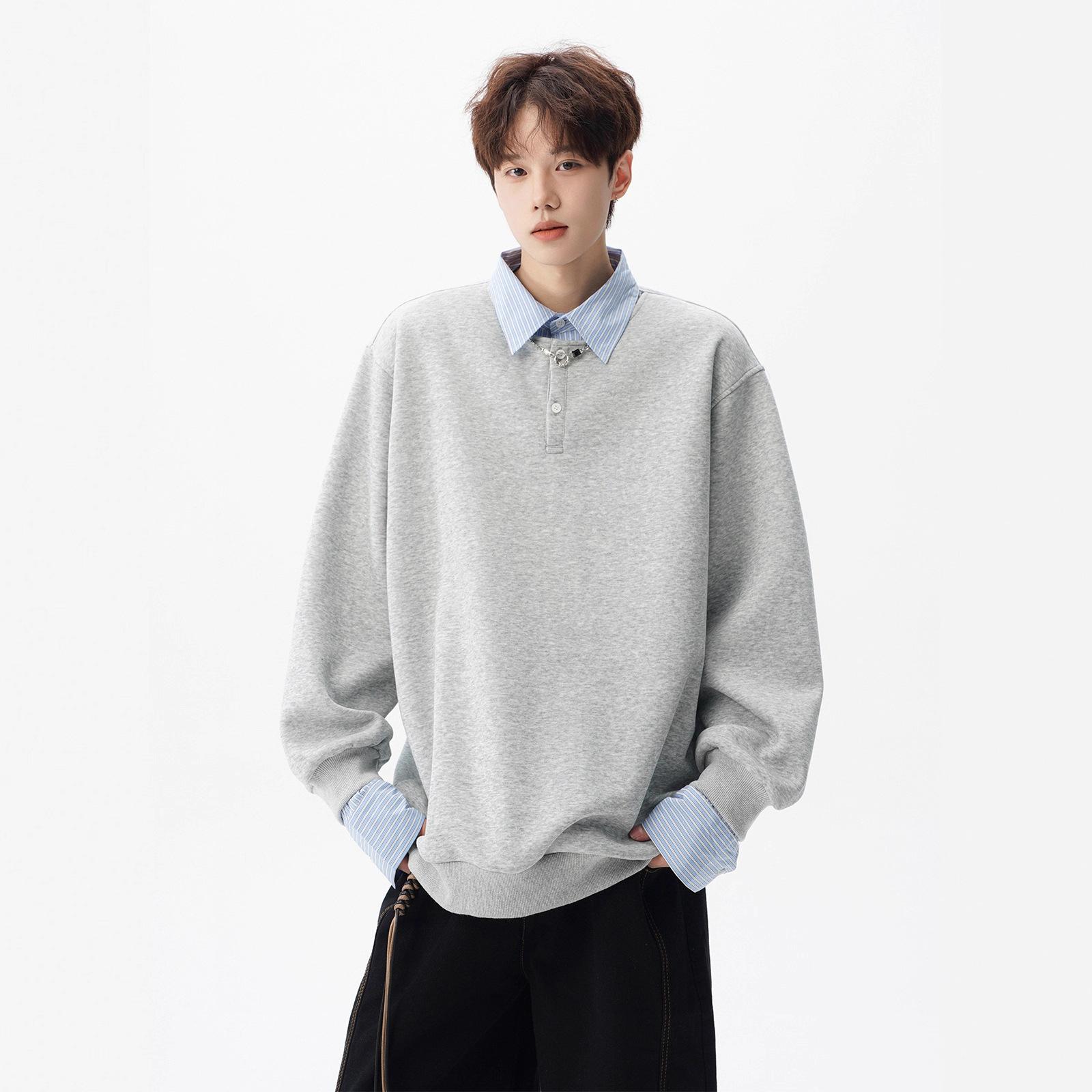 

Japanese Fake Two POLO Shirts Men s Autumn College Style Lapel Sweater Retro with Bottoming Shirt Inside. XXXL серый