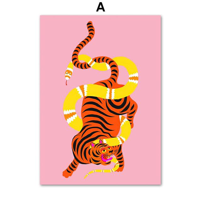 Tiger Mother Cartoon Animal Pink Wild Tiger Snake Wall Art Canvas Painting Nordic Posters Prints Pictures Kids Living Room Decor No Frame