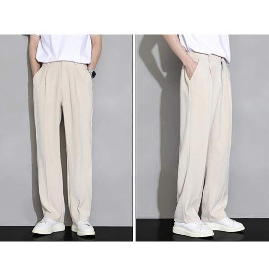 Männer Eis Seide Casual Lange Hosen Elastische Taille Knöpfe Fliegen Taschen Gerade Breites Bein Drapierte Dünne Business-Hose