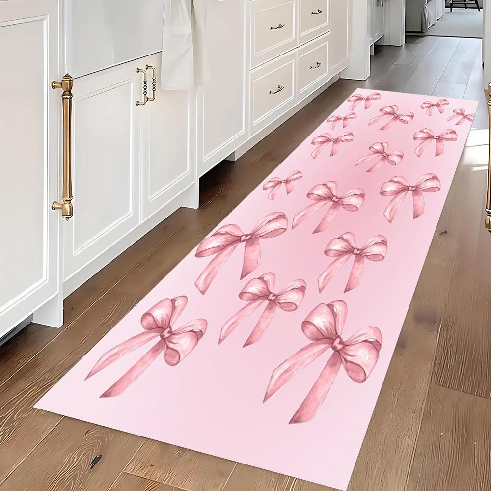 

Romantic Bow Heart Pattern Runner Rug Soft Non-Slip Kitchen Carpet Pink Satin Ribbon Design Floor Mat for Bedroom Living Room 40X120CM
