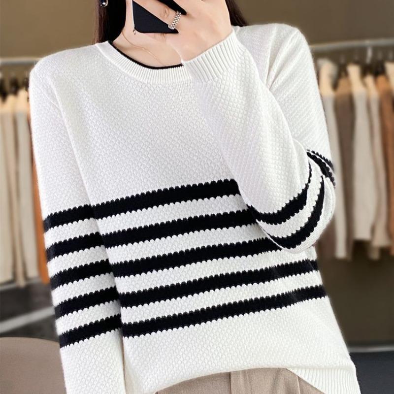 Autumn and winter new striped crew neck women's long-sleeved pullover sweater knitted sweater loose and thin top inside and outside