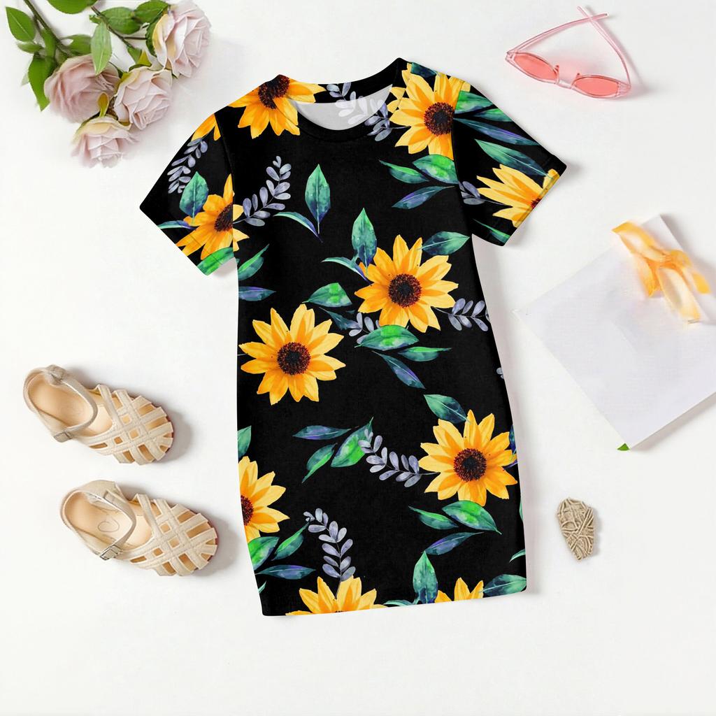 Girls Print Casual Dress Kids Loose Round Neck Short Sleeve Thin Sundress