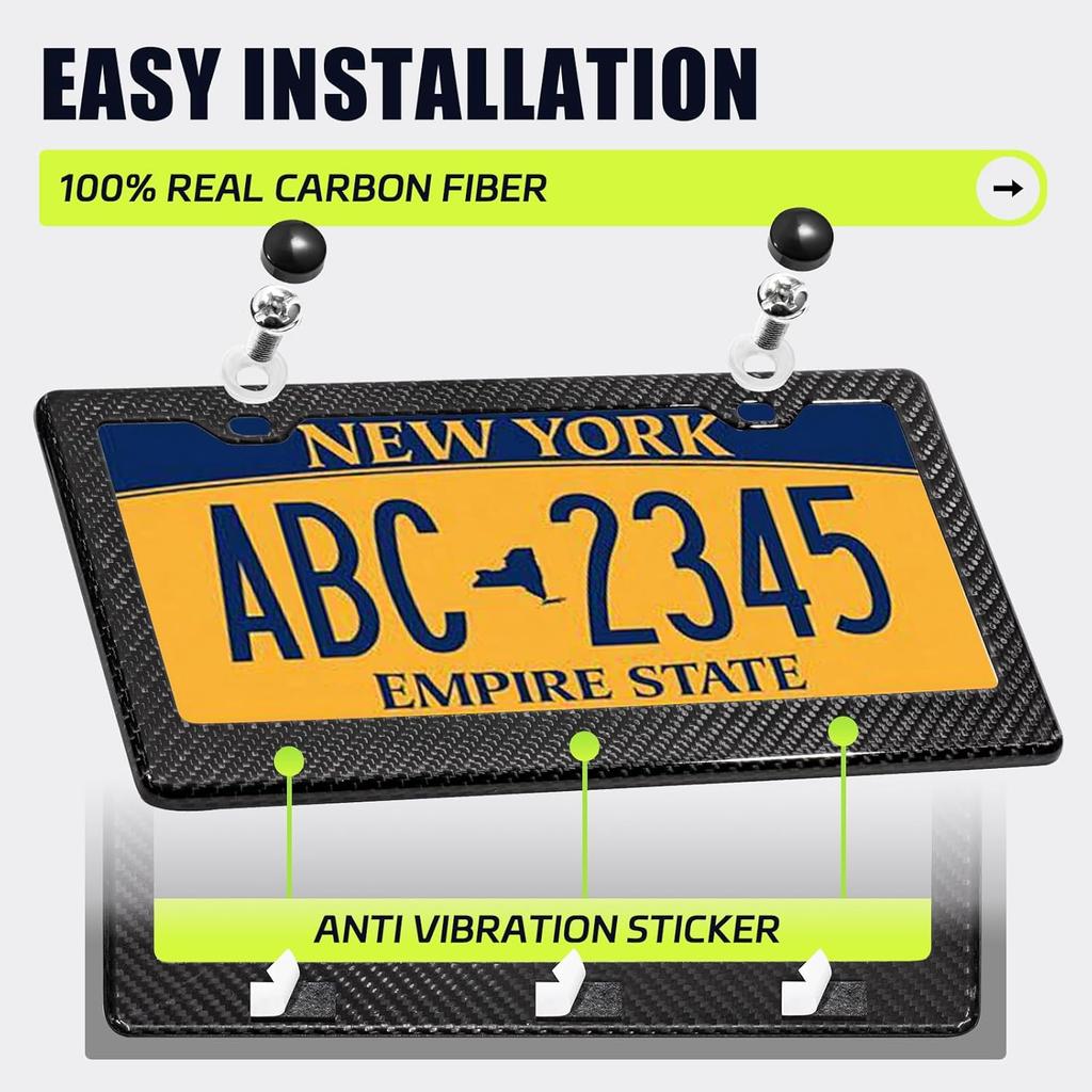 Real Carbon Fiber License Plate Frame, 100% Pure Carbon Fiber Frame, Black License Plate Holder Cover With Screw Caps, Anti-Vibration Pads, (Twill 2