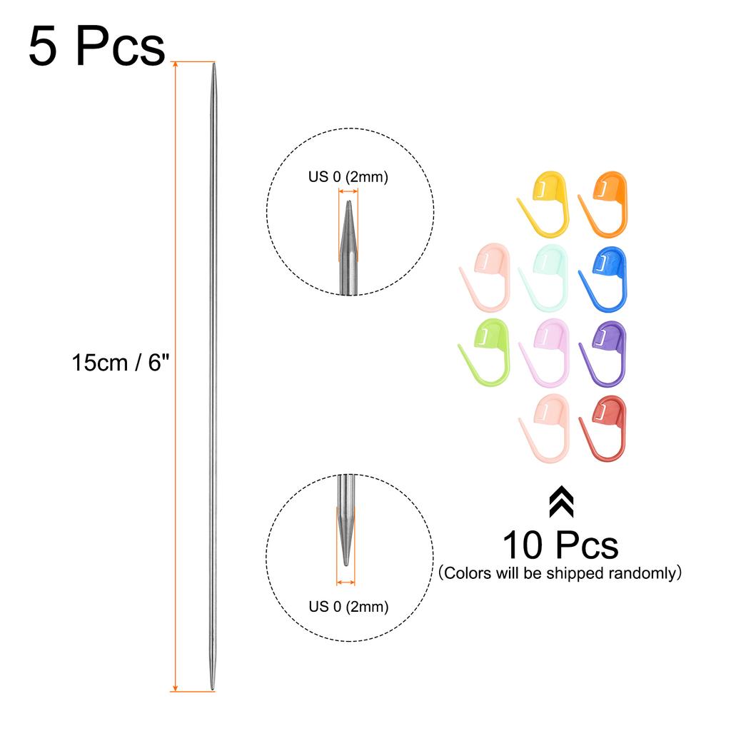 5Pcs Knitting Needle Size US 1.2-5mm Length Stainless Steel Double Pointed Sweater Stitching Needles w 10 Colorful Stitch Marker