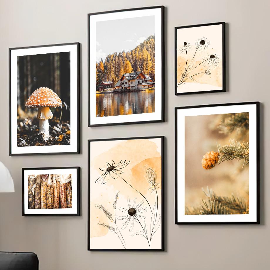 Autumn Lake Forest House Pumpkin Flower Landscape Wall Art Canvas Painting Fall Posters Prints Pictures for Living Room Decor