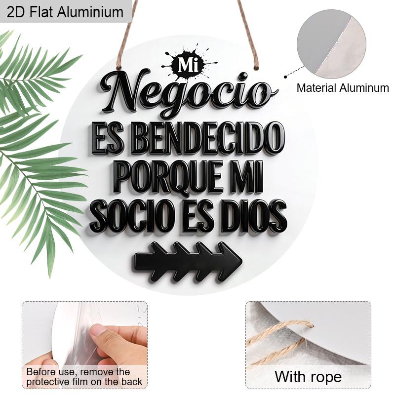 2D Flach 1 Stück Vintage Geschäftsschild Hängende Aluminium Dekoration Plakette, Schild mit Schriftzug "Negocio Es Bendecido Porque Mi Socio Es Dios", Büro Dekoration