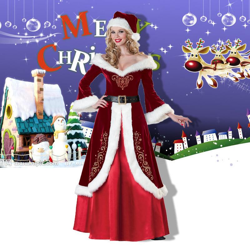 

Hot Sale Adult Male and Female Santa Claus Cosplay Costume Christmas Performance Costume Christmas Couple Costume Full Set 3XL