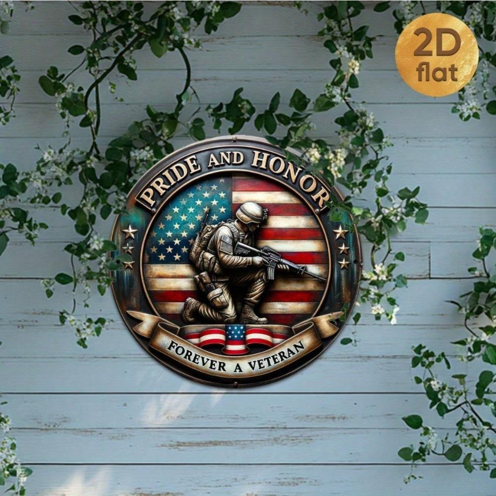 Patriotic Veterans Round Metal Sign American Flag Navy Design Wall Decor