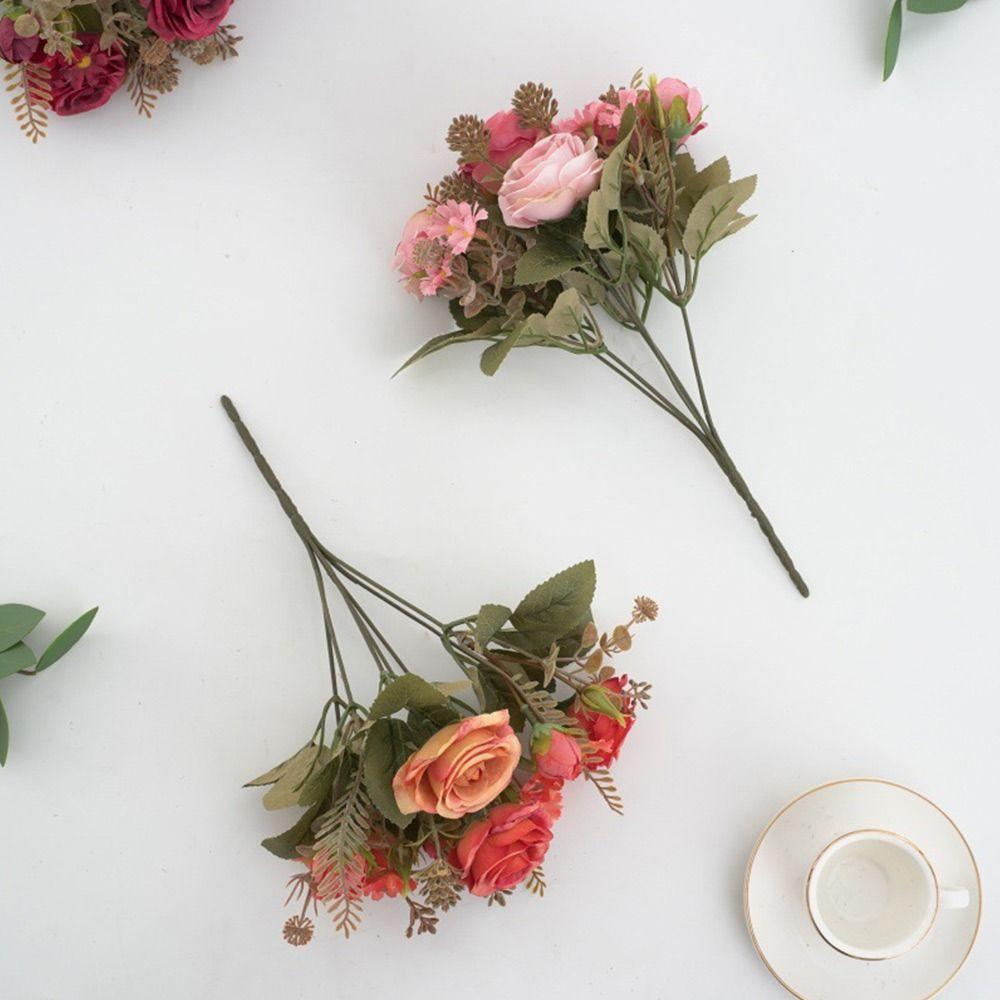 Multicolor Rose Artificial Flowers Green leaves Silk Petals Faux Daisy Flower Scene Landscaping Bridal Bouquet Decorative Flower