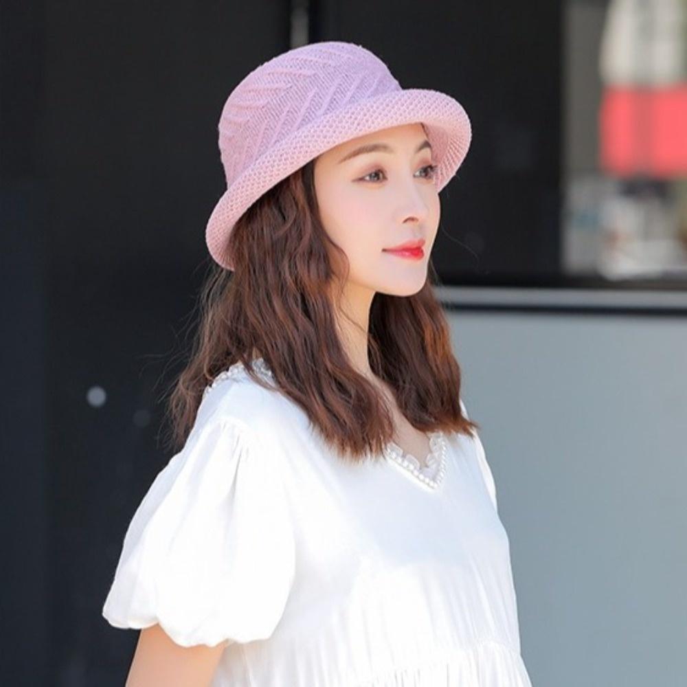 Rolled Brim Sunscreen Bucket Cap Solid Color Women Sun Cap Versatile Flower Fisherman Hat  Camping