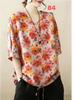 Summer Printed Short-sleeved T-shirt V-neck Cotton and Linen Loose Large-size Women's Top T-shirt Cotton and Linen Shirt