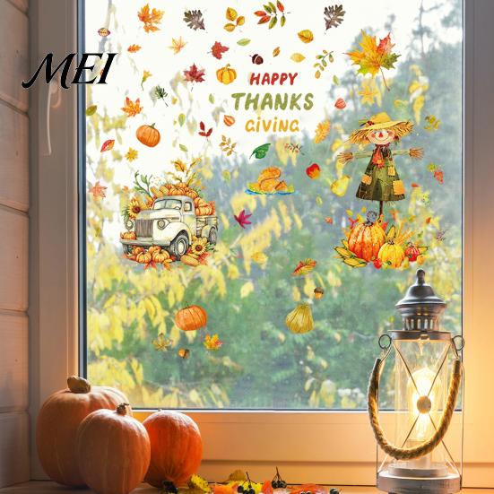 Thanksgiving Party Decor 4 Sheets Autumn Harvest Static Window Stickers, Maple Leaves Pumpkins Scarecrow Pickup Truck Decorative PVC Film Decals,