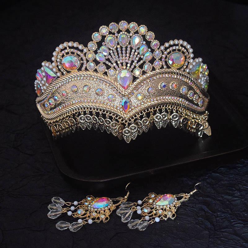 Ethnic Style Dance Luxury Pearl Gold Crown Hollow Design Bridal Wedding Decoration Alloy Crown Earrings