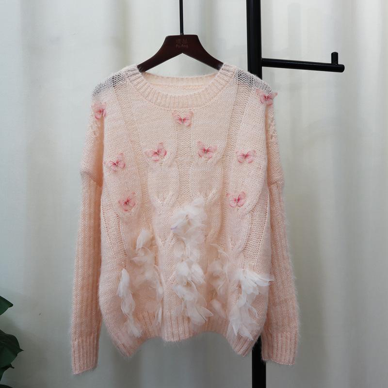 Autumn New Sweet Heavy Industry Butterfly Flower Design Sweater Pullover Soft Waxy Gentle Knitted Sweater Top Women