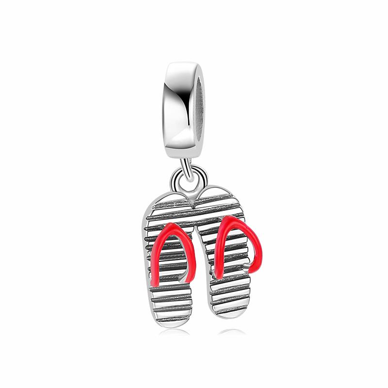 Real 925 Sterling Silver Pretty Dance Shoe Enamel Pink Pendants Fit Bracelet Beads Fashion Jewelry Accessories Wholesale Jewelry