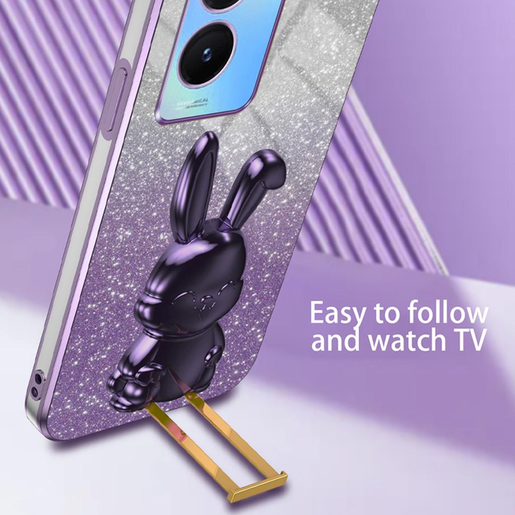 For vivo Y35 5G Pull-Out Kickstand Phone Protective Case Cartoon Rabbit Decor Cover
