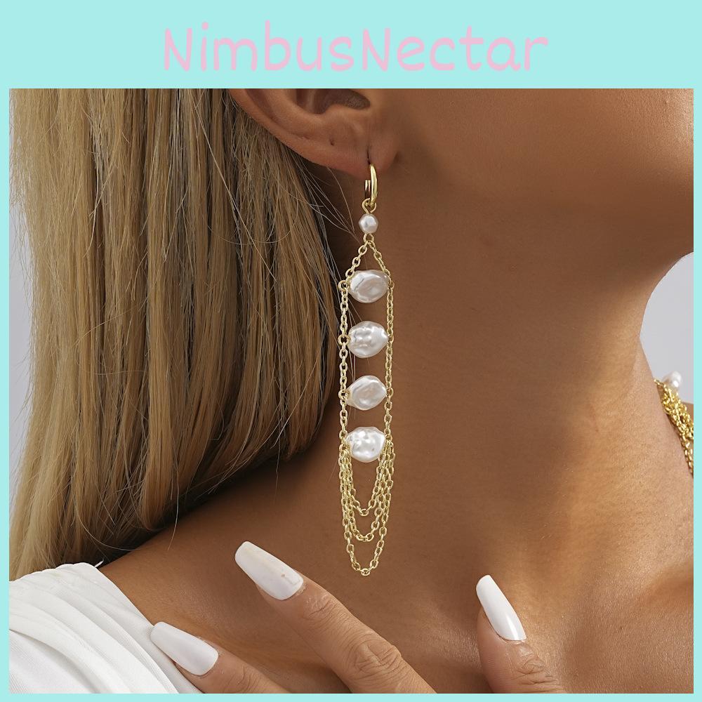 Unique Geometric Faux Pearl Pendant Earrings Stylish Chain Drop Jewelry For Women