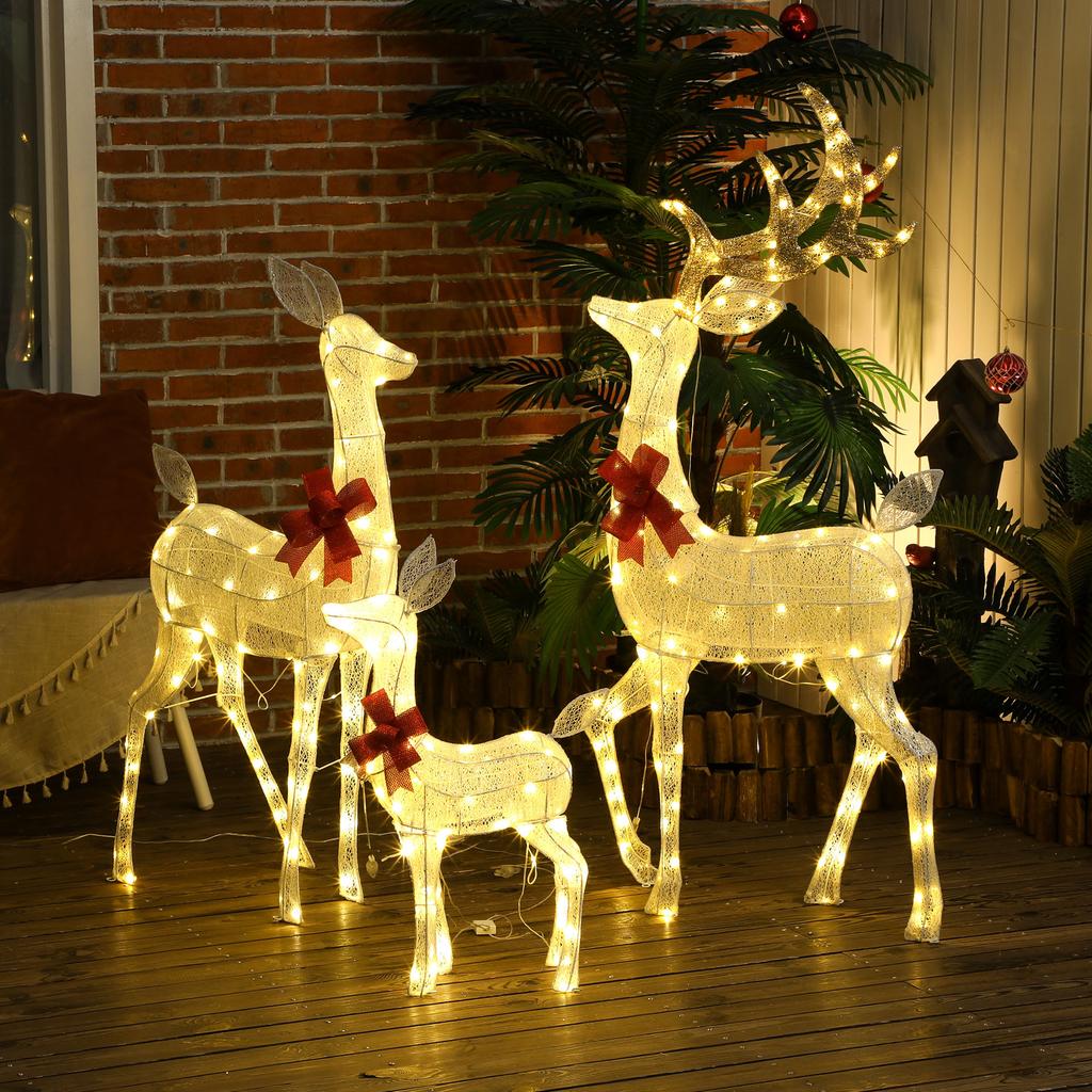 Reindeer Family with Red Bows, 283 LEDs, Christmas Lights, Weatherproof, Silver