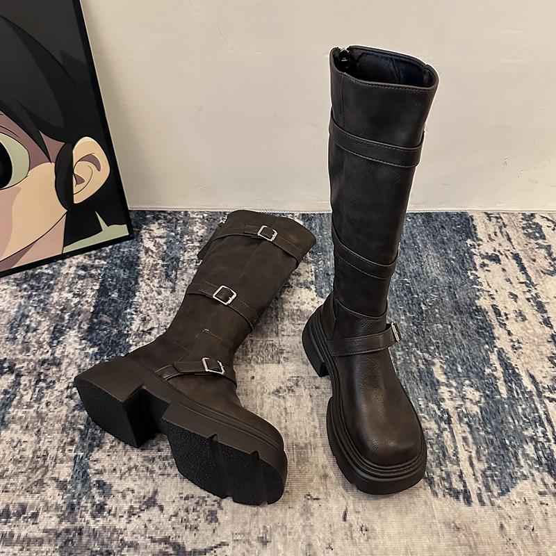 Punk Style Thick Heel Woman Knee High Boots Fashion Belt Buckle Zippers Shoes Female Knight Booties Shoes