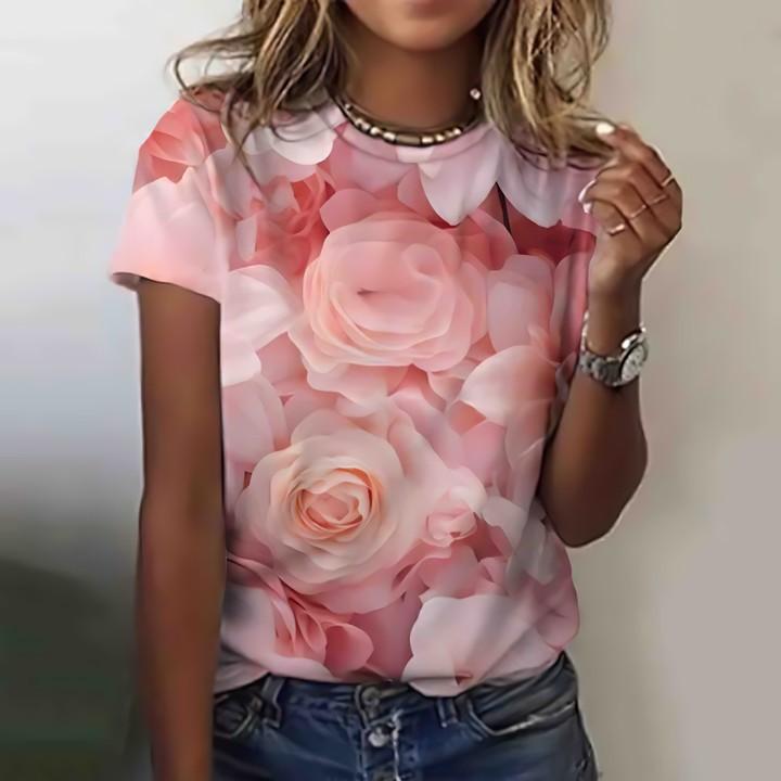 Casual and Versatile High-quality Flower Patterned Short Sleeved Round Neck Women's T-shirts