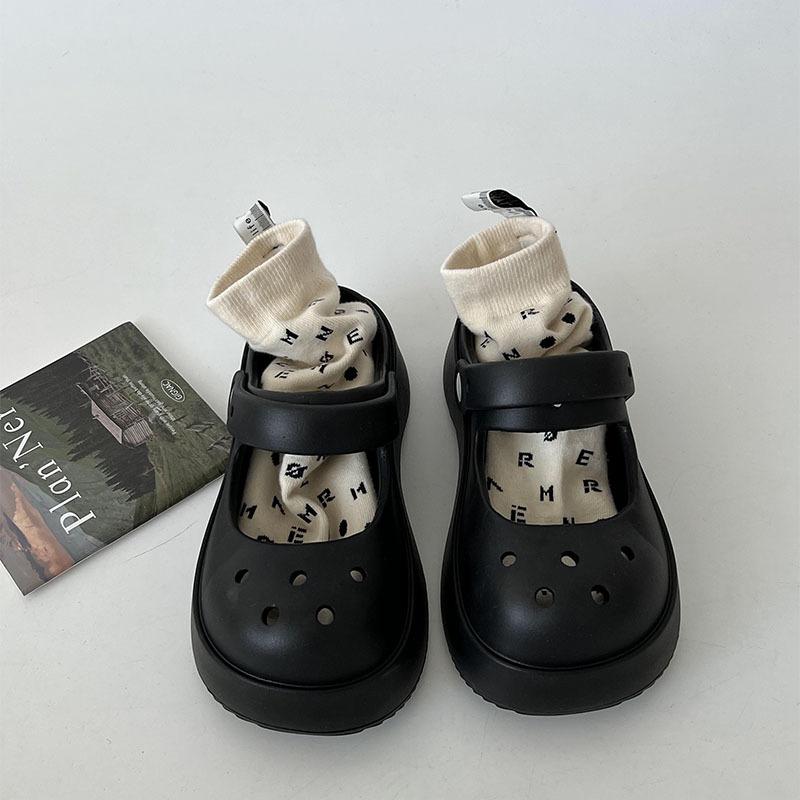 

модная женская обувь с толстой подошвой и отверстиями, милые туфли из двух частей с цветами, новая летняя верхняя одежда 2024 года, милые пляжные шлепанцы на толстой подошве 35-36(Fit22-22.5cm) чёрный